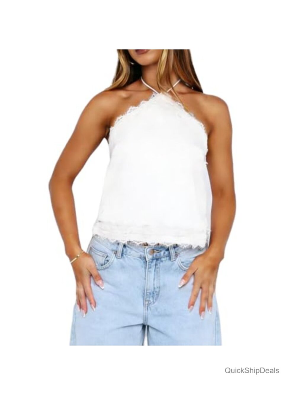 Women Halter Y2K Crop Top Sleeveless Lace Trim Open Back Coquette Slim Fit Cami
